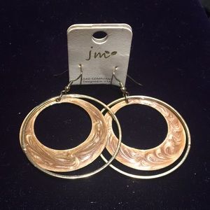 Gold and tan drop hoop earrings